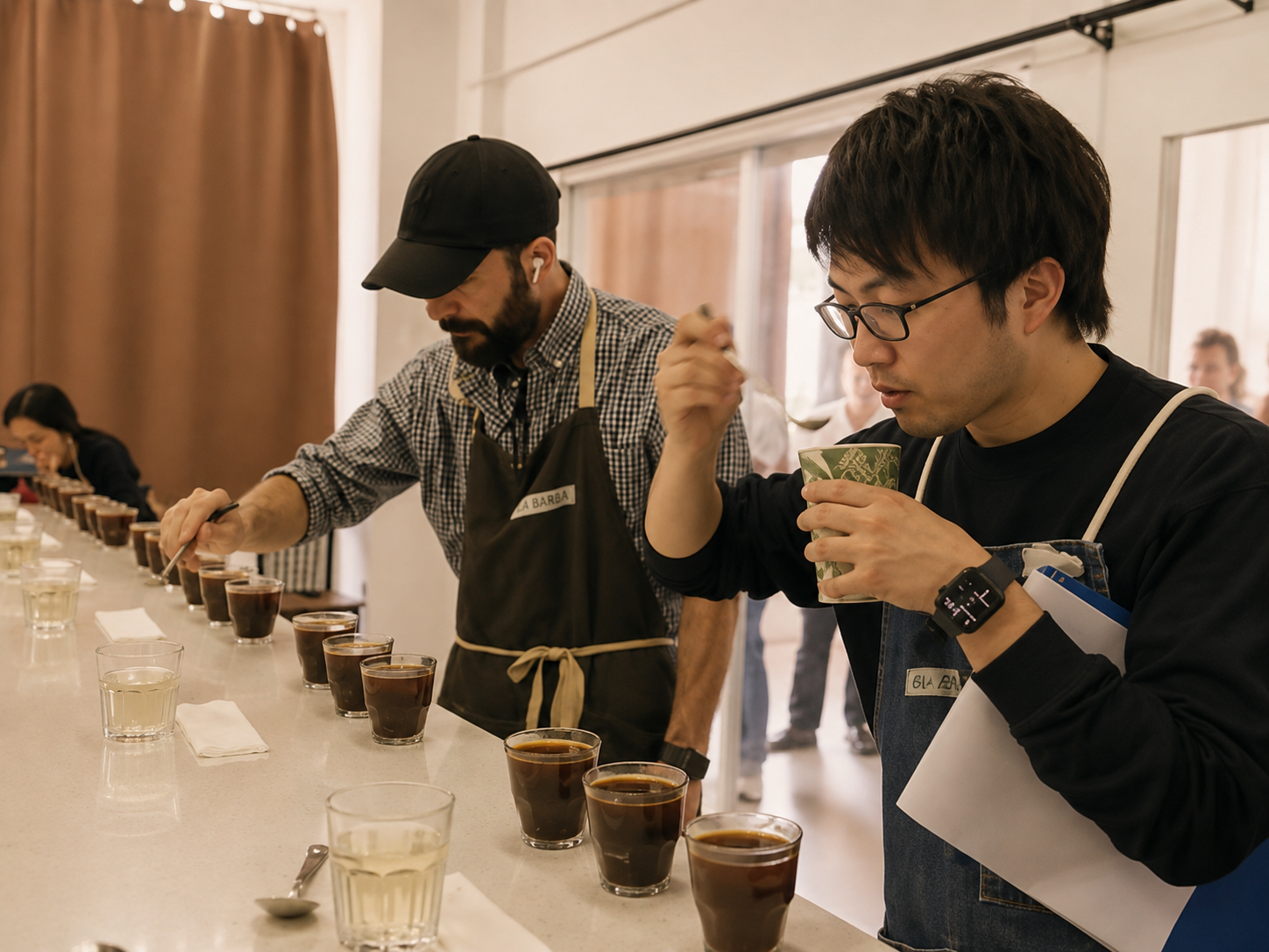 コーヒーをカッピングし、味や香りを確かめている様子