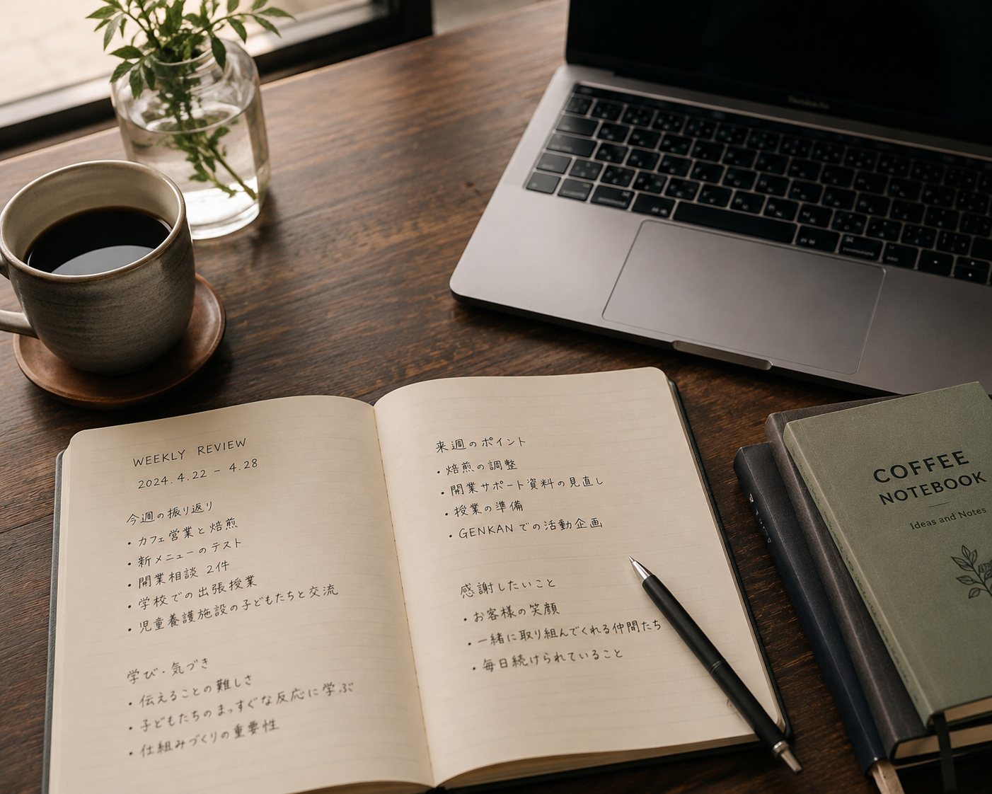 コーヒーとノートを広げて一週間を振り返る様子